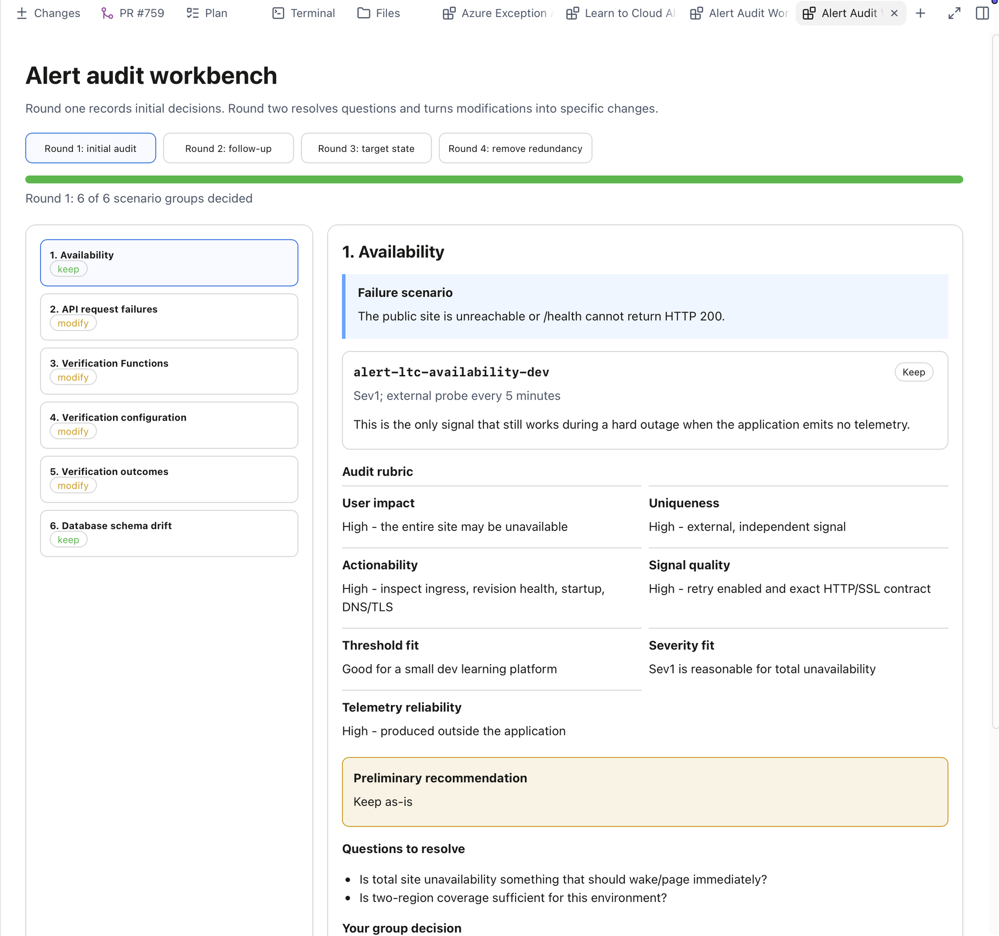 Alert Audit Workbench canvas with the original alert groups and their keep or modify decisions
